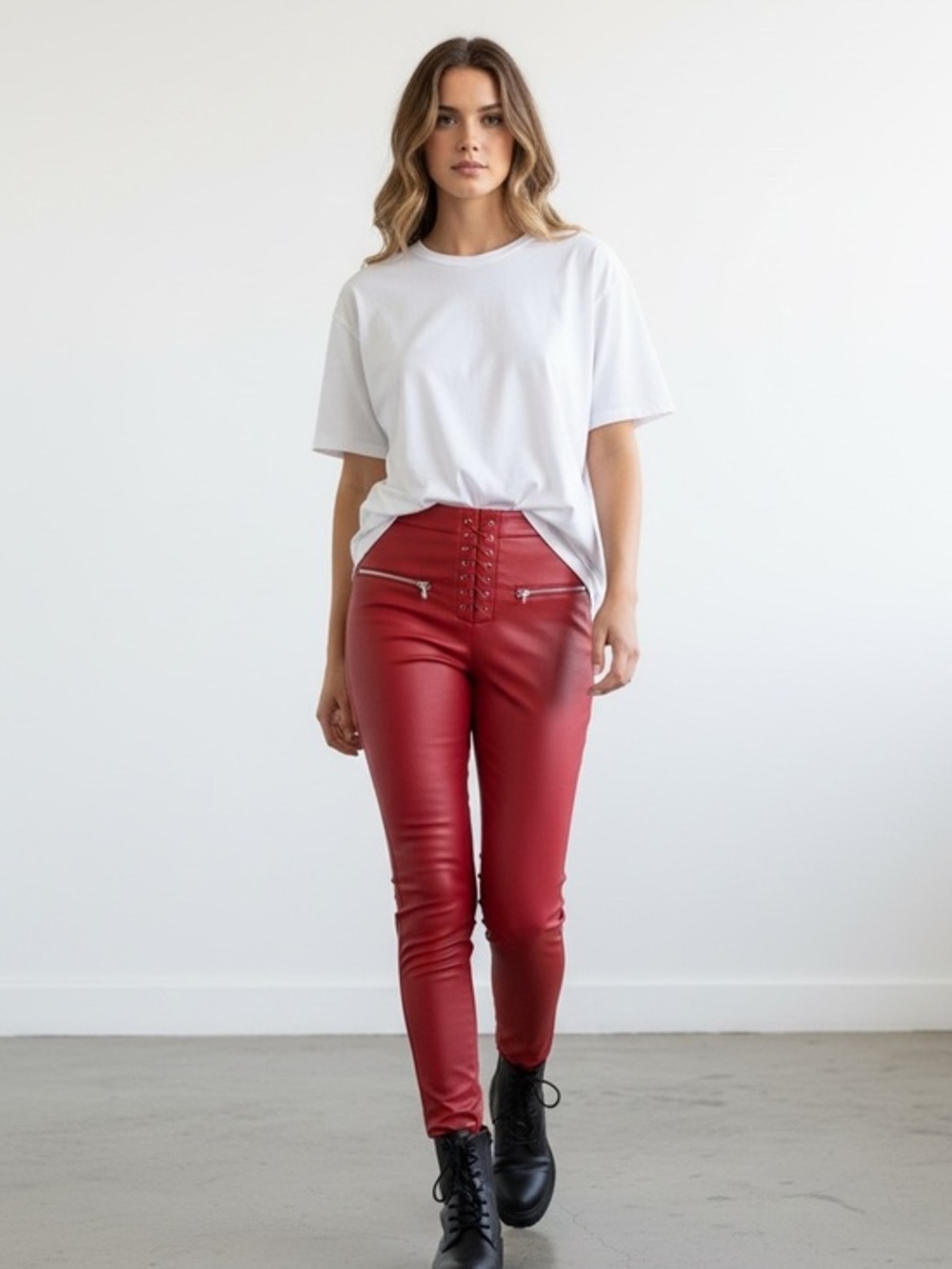 emory park Red Lace-Up Faux Leather Pants